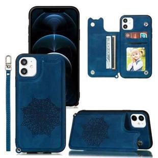 For iPhone 12 Pro Max Mandala Embossed PU + TPU Case with Holder & Card Slots & Photo Frame & Hand Strap(Blue)