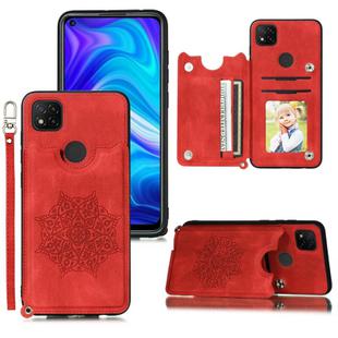 For Xiaomi Redmi 9C Mandala Embossed PU + TPU Case with Holder & Card Slots & Photo Frame & Hand Strap(Red)