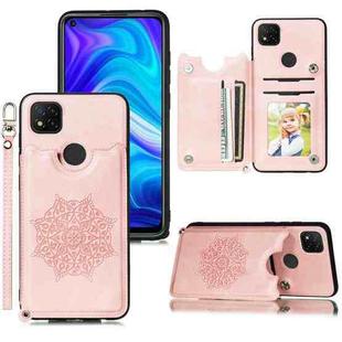 For Xiaomi Redmi 9C Mandala Embossed PU + TPU Case with Holder & Card Slots & Photo Frame & Hand Strap(Rose Gold)