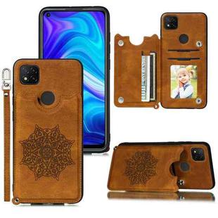 For Xiaomi Redmi 9C Mandala Embossed PU + TPU Case with Holder & Card Slots & Photo Frame & Hand Strap(Brown)