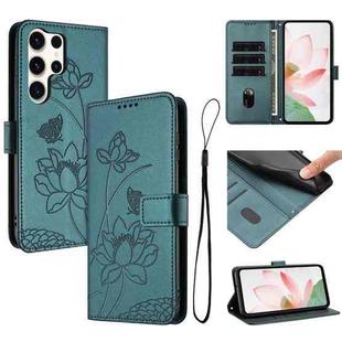 For Samsung Galaxy S25 Ultra 5G Lotus Embossed Leather Phone Case with Lanyard(Dark Green)
