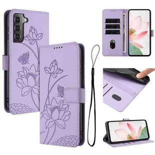 For Samsung Galaxy S22+ 5G Lotus Embossed Leather Phone Case with Lanyard(Purple)
