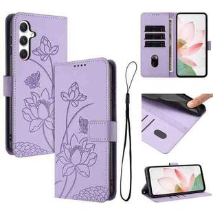 For Samsung Galaxy A34 5G Lotus Embossed Leather Phone Case with Lanyard(Purple)