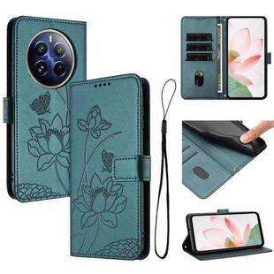 For Realme 12+ 5G / 12 4G / P1 5G Global Lotus Embossed Leather Phone Case with Lanyard(Dark Green)