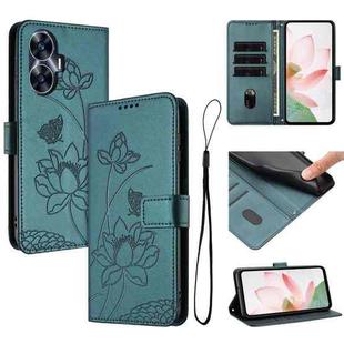 For Realme C55 Lotus Embossed Leather Phone Case with Lanyard(Dark Green)
