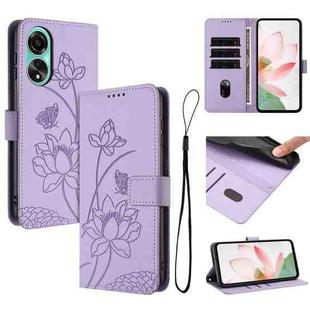 For OPPO A78 5G Global / A58x / A1x Lotus Embossed Leather Phone Case with Lanyard(Purple)