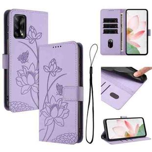 For OPPO A74 4G / F19 / Reno6 Lite Lotus Embossed Leather Phone Case with Lanyard(Purple)