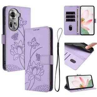 For OPPO Reno11 5G Global Lotus Embossed Leather Phone Case with Lanyard(Purple)