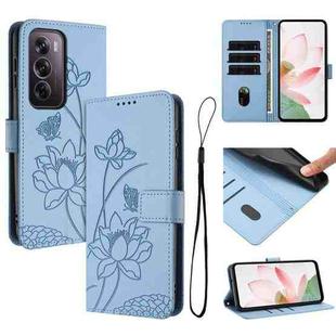 For OPPO Reno12 Pro 5G Global Lotus Embossed Leather Phone Case with Lanyard(Blue)