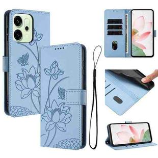 For OPPO Reno14 / Reno14 F 5G Global Lotus Embossed Leather Phone Case with Lanyard(Blue)