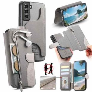 For Samsung Galaxy S21+ 5G Twill Fabric MagSafe RFID Anti-theft Zipper Wallet Leather Phone Case(Grey)