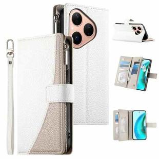 For Huawei Pura 80 5G Stitching Multi-card Zipper Wallet Leather Phone Case with Short Strap(White)