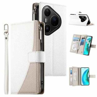 For Huawei Pura 80 Ultra 5G Stitching Multi-card Zipper Wallet Leather Phone Case with Short Strap(White)