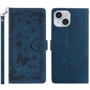For iPhone 15 Secret Garden Butterfly Pattern Leather Phone Case(Dark Blue)