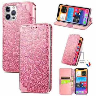 For iPhone 12 / 12 Pro Blooming Mandala Embossed Pattern Magnetic Horizontal Flip Leather Case with Holder & Card Slots & Wallet(Pink)