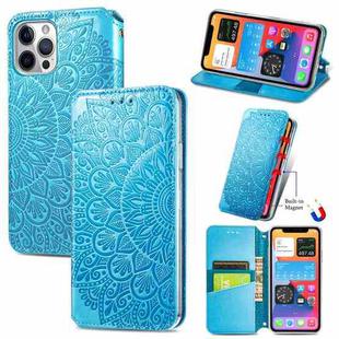 For iPhone 12 / 12 Pro Blooming Mandala Embossed Pattern Magnetic Horizontal Flip Leather Case with Holder & Card Slots & Wallet(Blue)