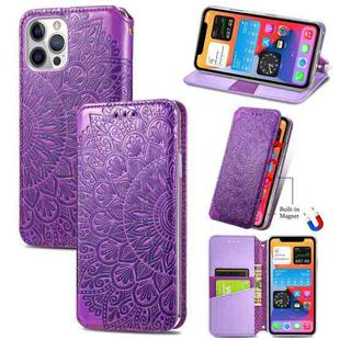 For iPhone 12 / 12 Pro Blooming Mandala Embossed Pattern Magnetic Horizontal Flip Leather Case with Holder & Card Slots & Wallet(Purple)