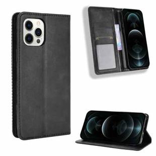For iPhone 12 / 12 Pro Magnetic Buckle Retro Pattern Horizontal Flip Leather Case with Holder & Card Slot & Wallet(Black)