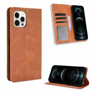 For iPhone 12 / 12 Pro Magnetic Buckle Retro Pattern Horizontal Flip Leather Case with Holder & Card Slot & Wallet(Brown)