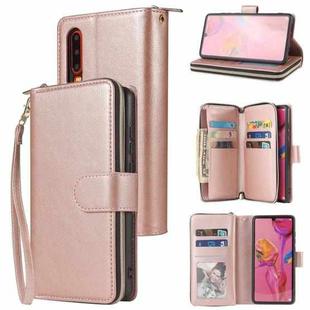 For Huawei P30 Zipper Wallet Bag Horizontal Flip PU Leather Case with Holder & 9 Card Slots & Wallet & Lanyard & Photo Frame(Rose Gold)
