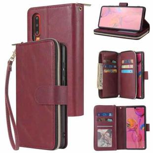 For Huawei P30 Zipper Wallet Bag Horizontal Flip PU Leather Case with Holder & 9 Card Slots & Wallet & Lanyard & Photo Frame(Wine Red)
