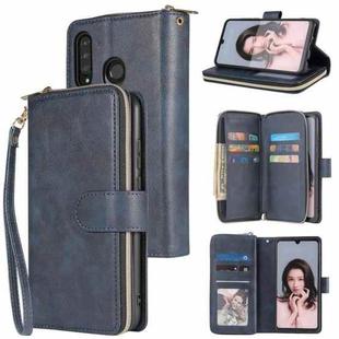 For Huawei P30 Lite Zipper Wallet Bag Horizontal Flip PU Leather Case with Holder & 9 Card Slots & Wallet & Lanyard & Photo Frame(Blue)