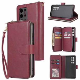 For Huawei P40 Pro+ Zipper Wallet Bag Horizontal Flip PU Leather Case with Holder & 9 Card Slots & Wallet & Lanyard & Photo Frame(Wine Red)