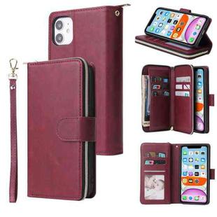 For iPhone 11 Zipper Wallet Bag Horizontal Flip PU Leather Case with Holder & 9 Card Slots & Wallet & Lanyard & Photo Frame(Wine Red)