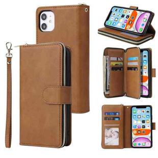 For iPhone 11 Pro Zipper Wallet Bag Horizontal Flip PU Leather Case with Holder & 9 Card Slots & Wallet & Lanyard & Photo Frame(Brown)