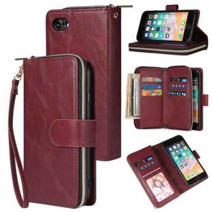 For iPhone SE 2022 / SE 2020 / 8 / 7 Zipper Wallet Bag Horizontal Flip PU Leather Case with Holder & 9 Card Slots & Wallet & Lanyard & Photo Frame(Wine Red)