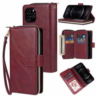 For iPhone 12 / 12 Pro Zipper Wallet Bag Horizontal Flip PU Leather Case with Holder & 9 Card Slots & Wallet & Lanyard & Photo Frame(Wine Red)