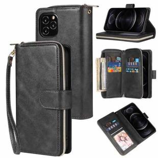 For iPhone 12 / 12 Pro Zipper Wallet Bag Horizontal Flip PU Leather Case with Holder & 9 Card Slots & Wallet & Lanyard & Photo Frame(Black)