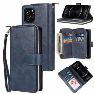 For iPhone 12 / 12 Pro Zipper Wallet Bag Horizontal Flip PU Leather Case with Holder & 9 Card Slots & Wallet & Lanyard & Photo Frame(Blue)