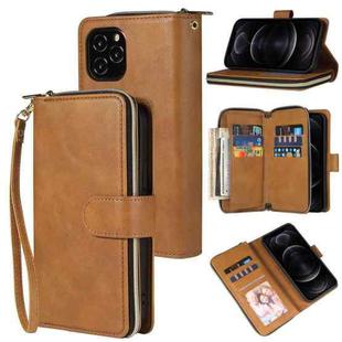 For iPhone 12 / 12 Pro Zipper Wallet Bag Horizontal Flip PU Leather Case with Holder & 9 Card Slots & Wallet & Lanyard & Photo Frame(Brown)