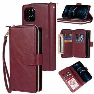 For iPhone 12 Pro Max Zipper Wallet Bag Horizontal Flip PU Leather Case with Holder & 9 Card Slots & Wallet & Lanyard & Photo Frame(Wine Red)