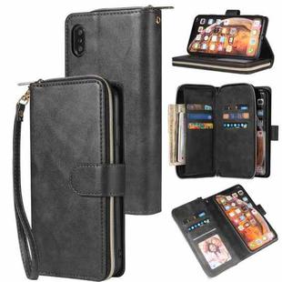For iPhone X / XS Zipper Wallet Bag Horizontal Flip PU Leather Case with Holder & 9 Card Slots & Wallet & Lanyard & Photo Frame(Black)