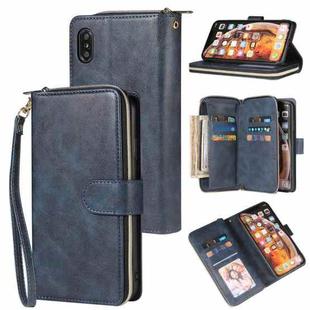 For iPhone X / XS Zipper Wallet Bag Horizontal Flip PU Leather Case with Holder & 9 Card Slots & Wallet & Lanyard & Photo Frame(Blue)