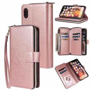 For iPhone XR Zipper Wallet Bag Horizontal Flip PU Leather Case with Holder & 9 Card Slots & Wallet & Lanyard & Photo Frame(Rose Gold)