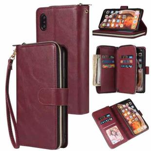 For iPhone XR Zipper Wallet Bag Horizontal Flip PU Leather Case with Holder & 9 Card Slots & Wallet & Lanyard & Photo Frame(Wine Red)