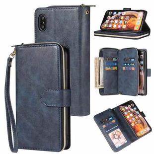 For iPhone XR Zipper Wallet Bag Horizontal Flip PU Leather Case with Holder & 9 Card Slots & Wallet & Lanyard & Photo Frame(Blue)