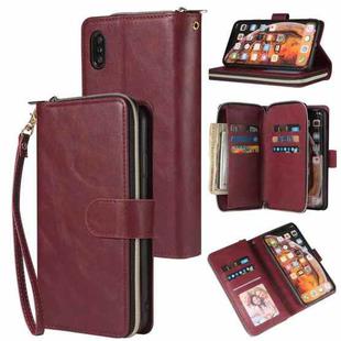For iPhone XS Max Zipper Wallet Bag Horizontal Flip PU Leather Case with Holder & 9 Card Slots & Wallet & Lanyard & Photo Frame(Wine Red)