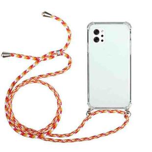 For LG Q92 5G Four-Corner Shockproof Transparent TPU Protective Case with Lanyard(Orange Yellow)