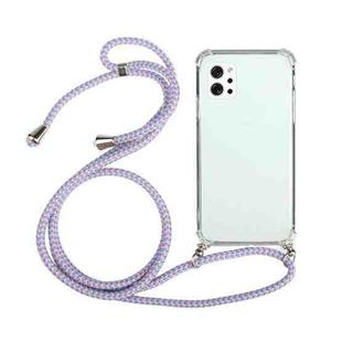 For LG Q92 5G Four-Corner Shockproof Transparent TPU Protective Case with Lanyard(Purple)