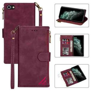For iPhone SE 2022 / SE 2020 / 8 / 7 Zipper Multi-card Slots Horizontal Flip PU Leather Case with Holder & Card Slots & Wallet & Lanyard & Photo Frame(Wine Red)