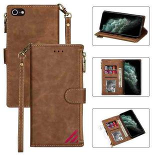 For iPhone SE 2022 / SE 2020 / 8 / 7 Zipper Multi-card Slots Horizontal Flip PU Leather Case with Holder & Card Slots & Wallet & Lanyard & Photo Frame(Brown)
