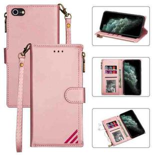 For iPhone SE 2022 / SE 2020 / 8 / 7 Zipper Multi-card Slots Horizontal Flip PU Leather Case with Holder & Card Slots & Wallet & Lanyard & Photo Frame(Rose Gold)