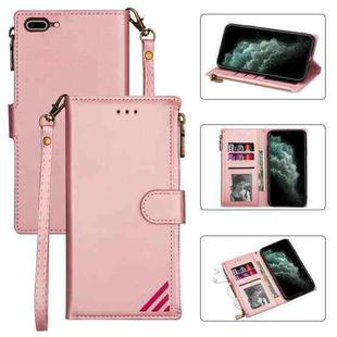 Zipper Multi-card Slots Horizontal Flip PU Leather Case with Holder & Card Slots & Wallet & Lanyard & Photo Frame for iPhone 8 Plus / 7 Plus(Rose Gold)