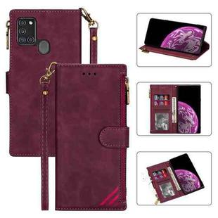 For Samsung Galaxy A21s Zipper Multi-card Slots Horizontal Flip PU Leather Case with Holder & Card Slots & Wallet & Lanyard & Photo Frame(Wine Red)