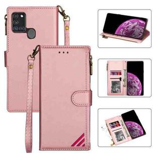 For Samsung Galaxy A21s Zipper Multi-card Slots Horizontal Flip PU Leather Case with Holder & Card Slots & Wallet & Lanyard & Photo Frame(Rose Gold)
