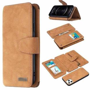 For iPhone 12 / 12 Pro Detachable Frosted Magnetic Horizontal Flip Leather Case with Card Slots & Holder & Zipper Wallet & Photo Frame(Brown)